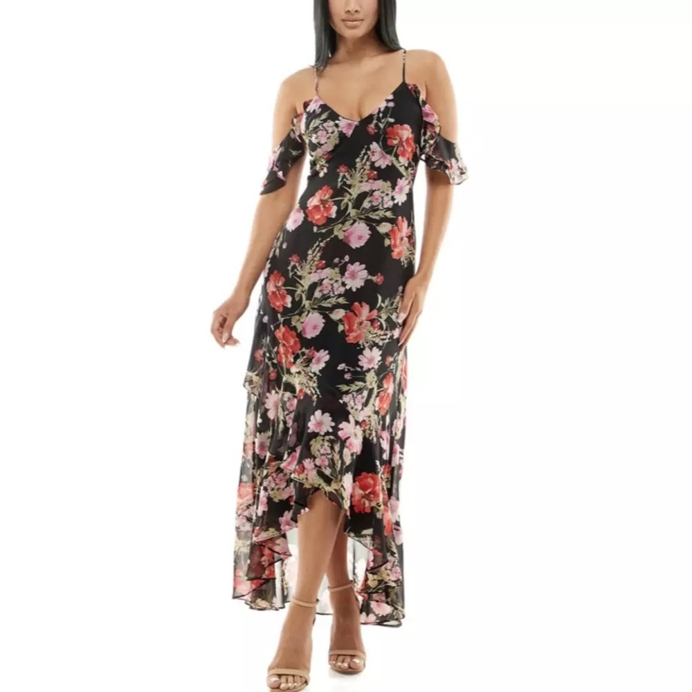 Speechless Womens XXL Floral Cold Shoulder High Low Maxi Dress Black JB11751CN52